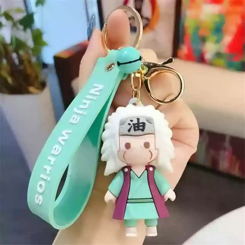 Sage Ninja Rubber Keychain with Mint Strap – 3D White‑Hair Figure, Gold Ring + Clasp