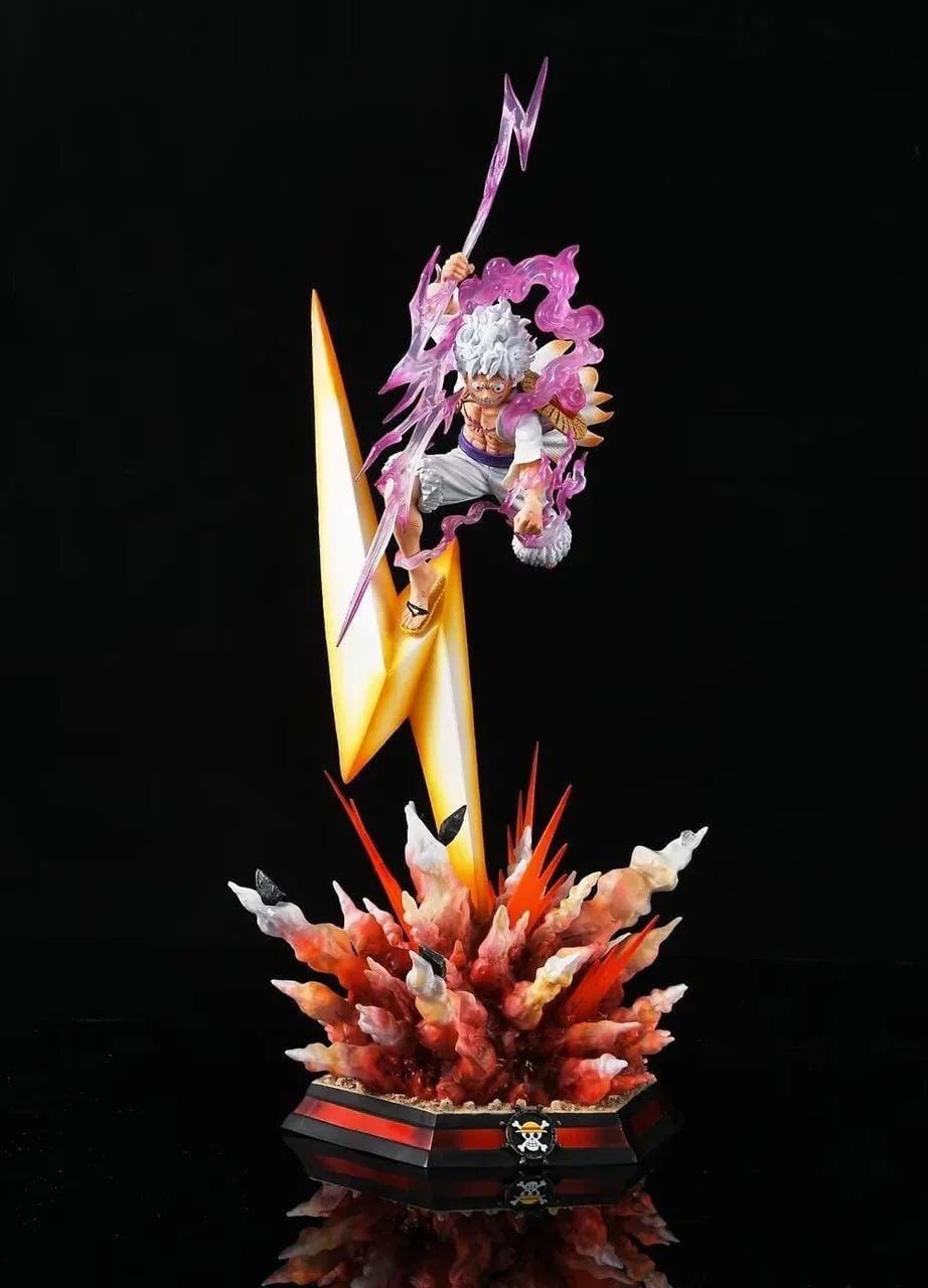 One Piece Luffy Gear 5 action figure with lightning effect and dynamic explosion base