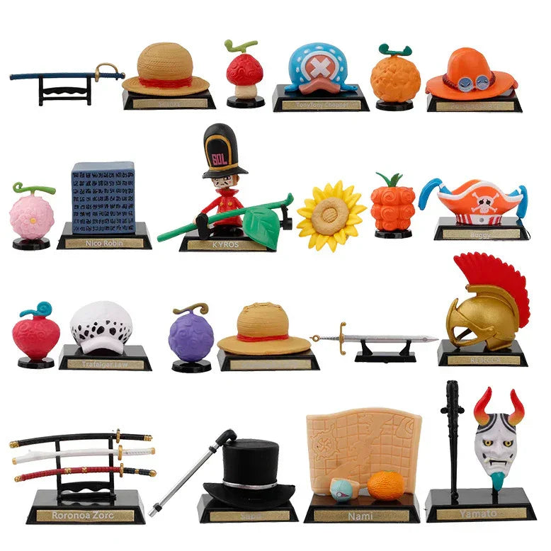 Set of 13 colorful One Piece character figure collectibles on labeled stands