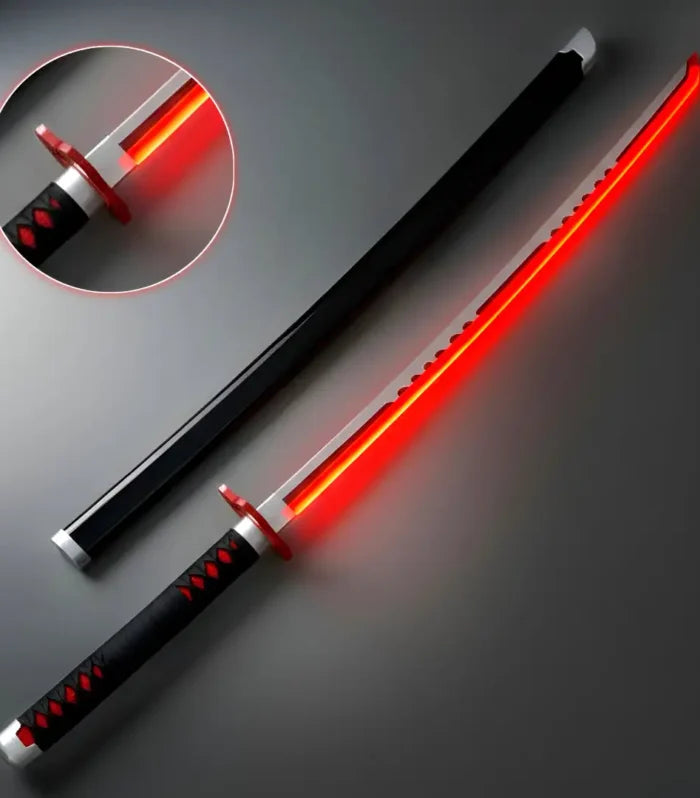 Demon Slayer Tanjiro Fire ** LED** Anime Bamboo Wooden Katana – Silver Cosplay Collectible Prop