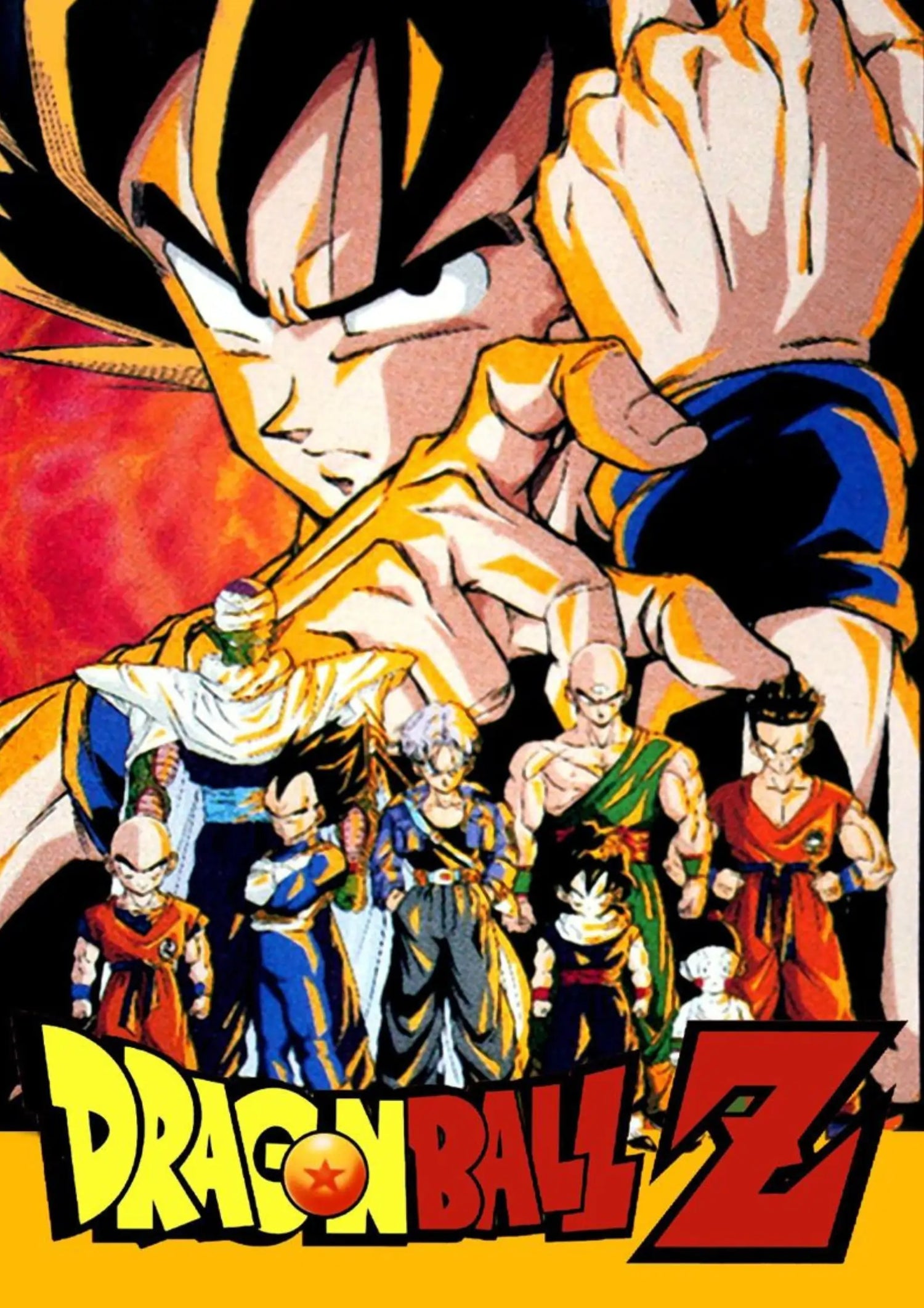 Dragon Ball Z anime characters in action poses with blue electric energy background and logo