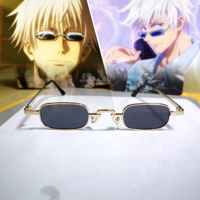 Rectangular anime sunglasses with gold frames, inspired by white-haired anime characters