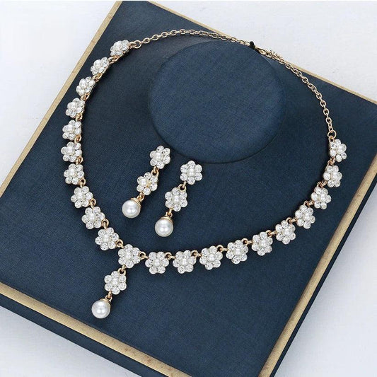 Elegant Floral Pearl Necklace & Earring Set – Gold & White - Drakon Lifestyle India