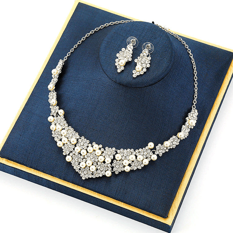 Luxury Pearl & Crystal Bridal Necklace & Earring Set – Silver - Drakon Lifestyle India