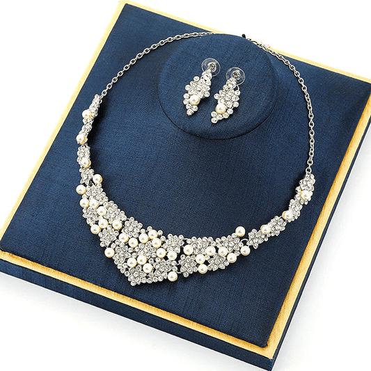 Luxury Pearl & Crystal Bridal Necklace & Earring Set – Silver - Drakon Lifestyle India