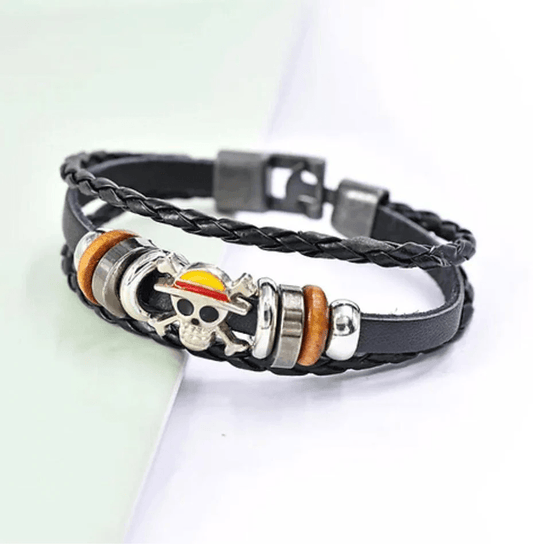 One Piece Luffy Jolly Roger Leather Bracelet With Metal Charm | Anime Jewelry Wristband - Drakon Lifestyle India