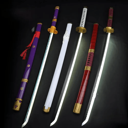 Five decorative Japanese katanas with colorful scabbards on a black background
