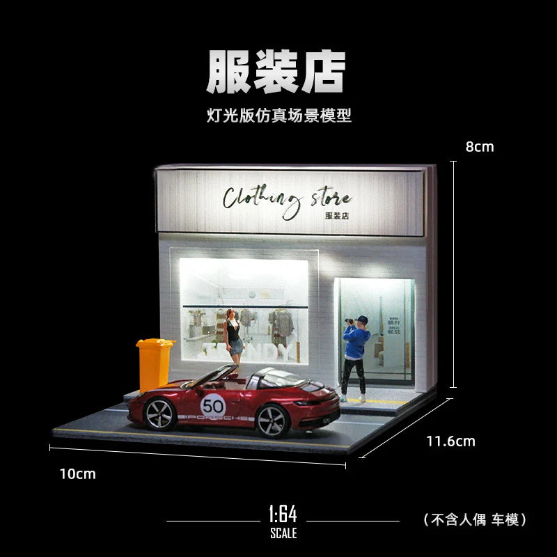 1:64 Scale Clothing Store Parking Scene Miniature Display with LED