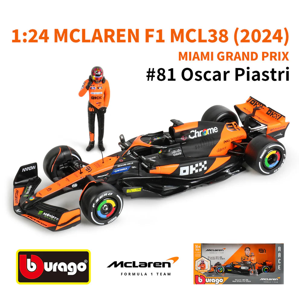 McLaren F1 MCL38 Miami GP Diecast Car with Driver – 1:24 Scale Oscar Piastri #81