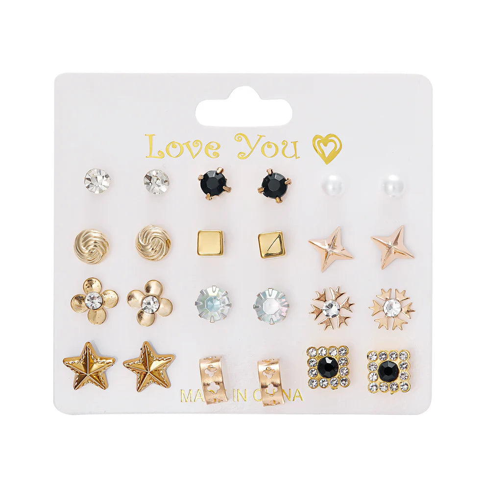 12 Pairs Elegant Pearl & Heart Stud Earrings Set for Women & Girls