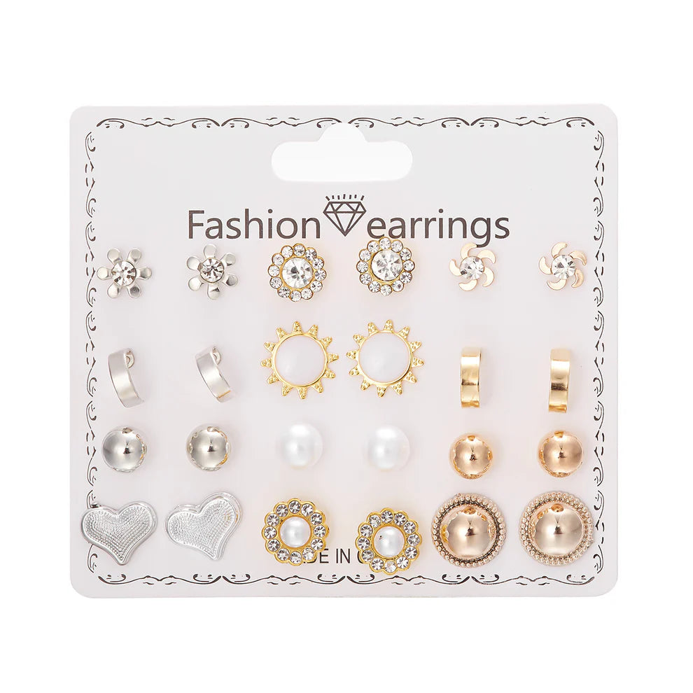 12 Pairs Elegant Pearl & Heart Stud Earrings Set for Women & Girls