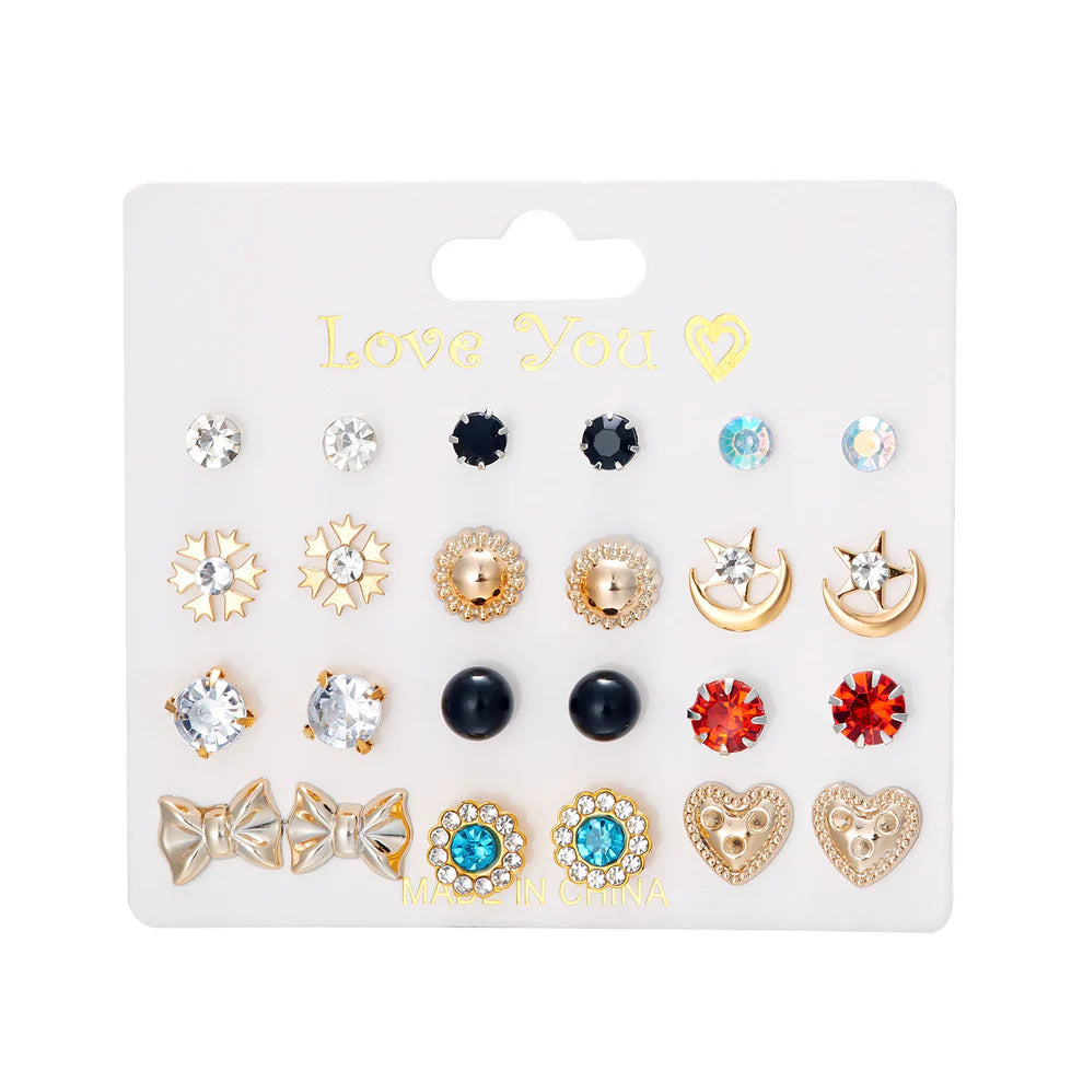12 Pairs Elegant Pearl & Heart Stud Earrings Set for Women & Girls