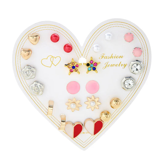 12 Pairs Heart Mount Colorful Stud Earrings Set for Girls & Women