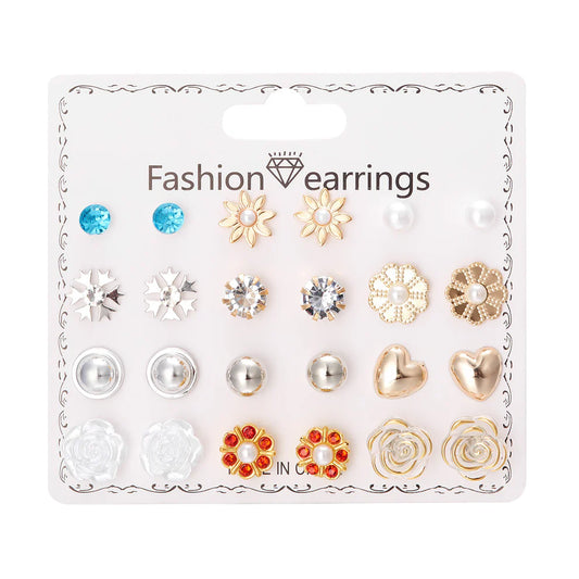 12 Pairs Elegant Pearl & Heart Stud Earrings Set for Women & Girls