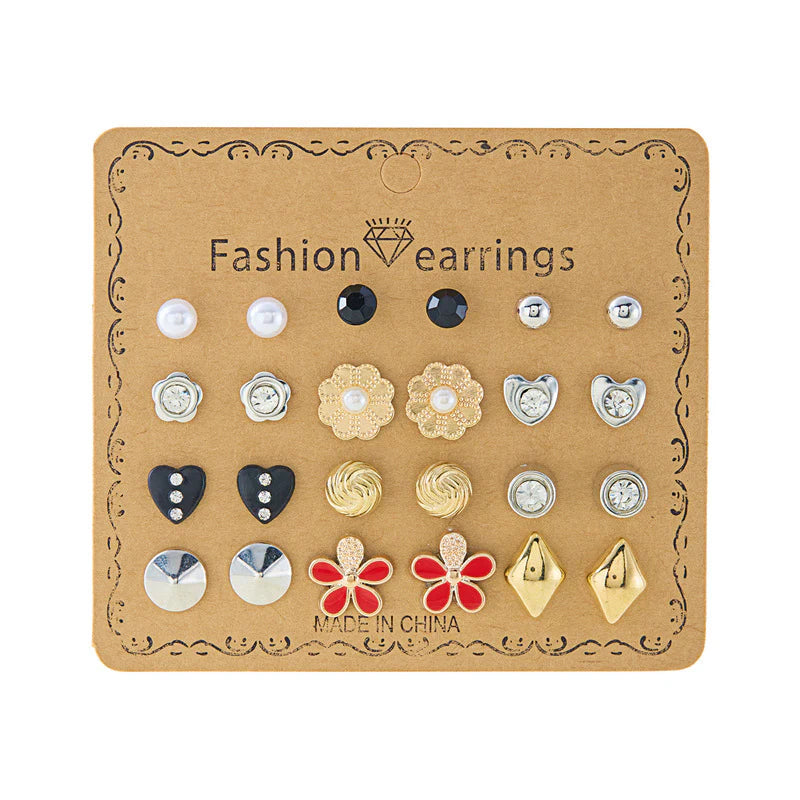 12 Pairs Elegant Pearl & Heart Stud Earrings Set for Women & Girls