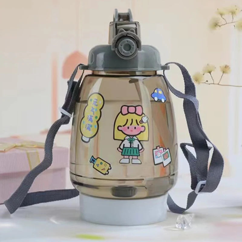 1300 ML Cute Pot Belly Water Bottle with Strap – Brown Cartoon Design