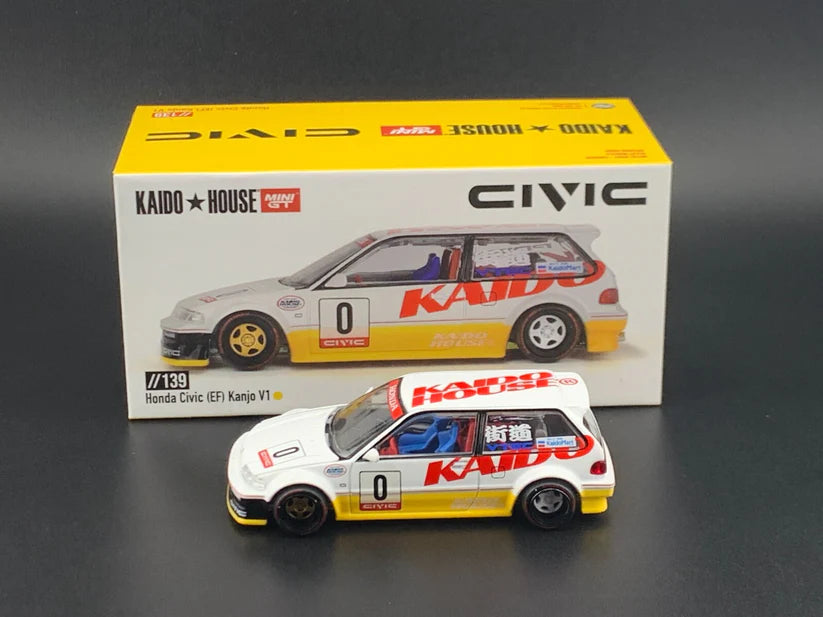 1:64 Kaido House x Mini GT Honda Civic (EF) Kanjo V1 White Yellow Diecast – Limited Edition KHMG139