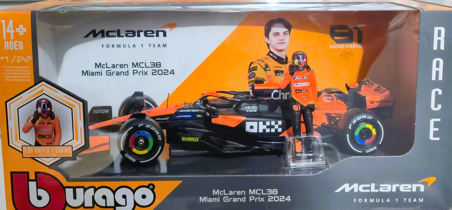 McLaren F1 MCL38 Miami GP Diecast Car with Driver – 1:24 Scale Oscar Piastri #81