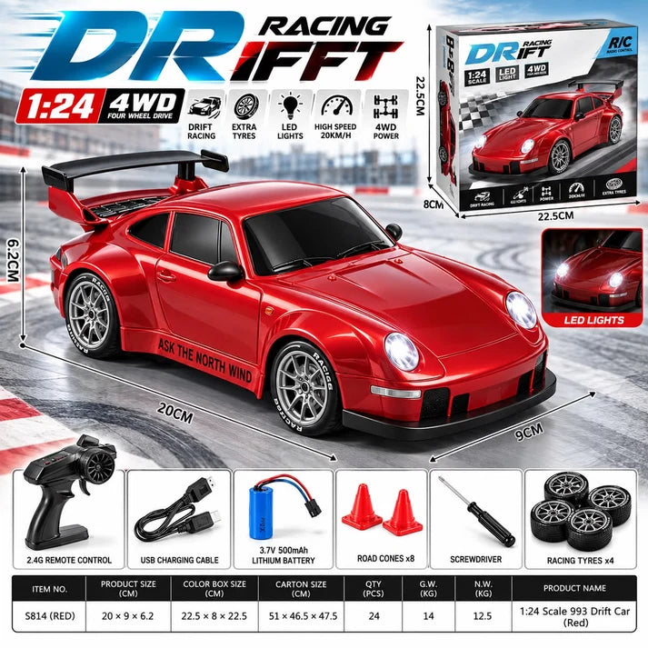 1:24 Scale Remote Control 4WD RC Drift Racing Car – 993 Sports Car with LED Lights