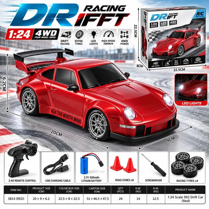 1:24 Scale Remote Control 4WD RC Drift Racing Car – 993 Sports Car with LED Lights