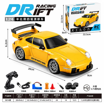 1:24 Scale Remote Control 4WD RC Drift Racing Car – 993 Sports Car with LED Lights