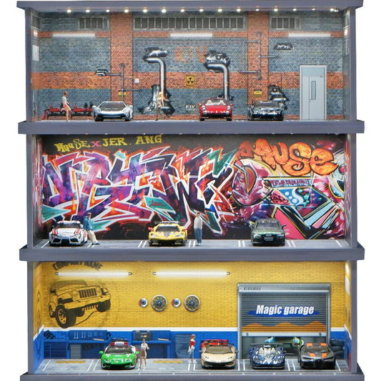 1:64 Scale Graffiti Parking Lot Miniature Scene with LED Lighting