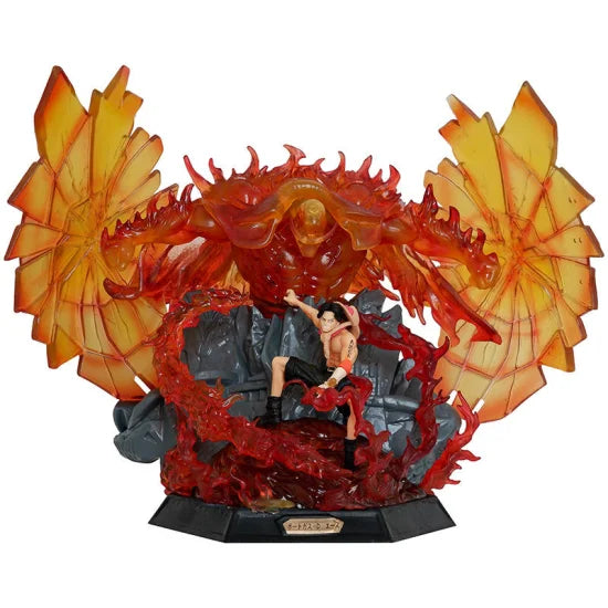 Action figure with fiery backdrop on a white background
