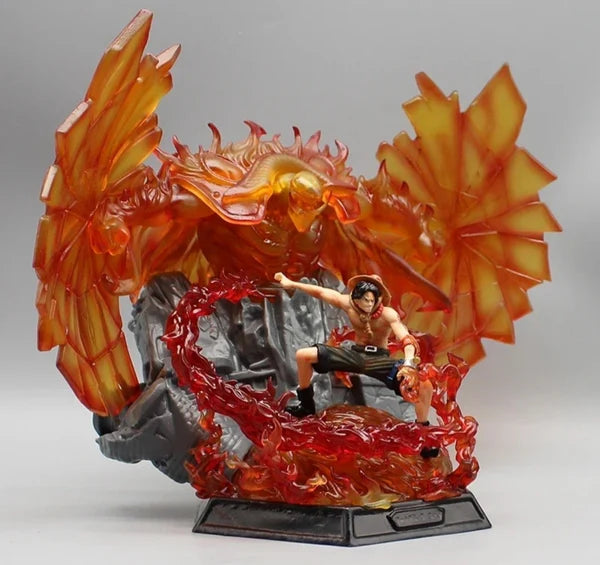 Figurine with a character and fiery dragon-like creature on a gray background
