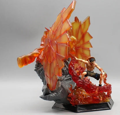 Figurine of a character with fiery effects on a gray background
