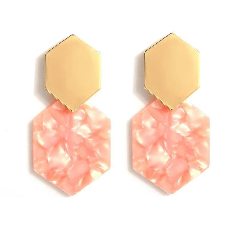 Peach Marble Acrylic Hexagon Drop Earrings