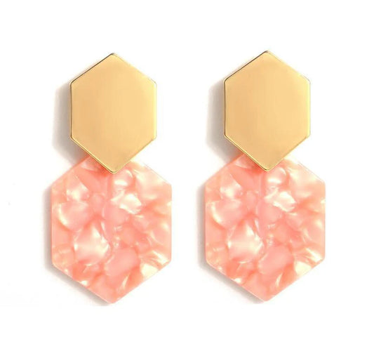 Peach Marble Acrylic Hexagon Drop Earrings