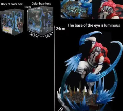Figurine with blue hair and red outfit on a black background, showing measurements and packaging details.