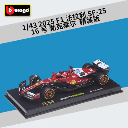 Model F1 car on a display stand with Bburago logo and text in the background