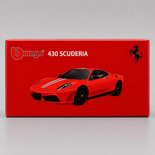 Bburago 430 Scuderia model car packaging with Ferrari logo on a gray background