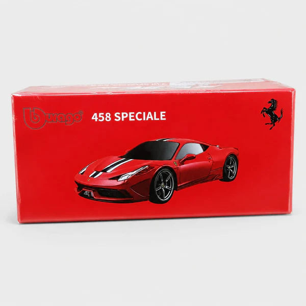 Red box with a Ferrari 458 Speciale model car on a white background