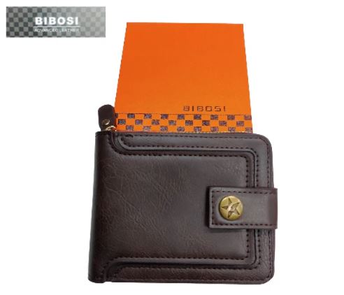 Bibosi Men’s Leather Wallet – Dark Brown with Strap Button & Zip Pocket