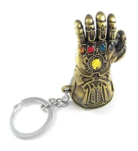 Infinity Gauntlet Metal Keychain – Antique Gold Finish, 3D Mini Glove with Colored Gems
