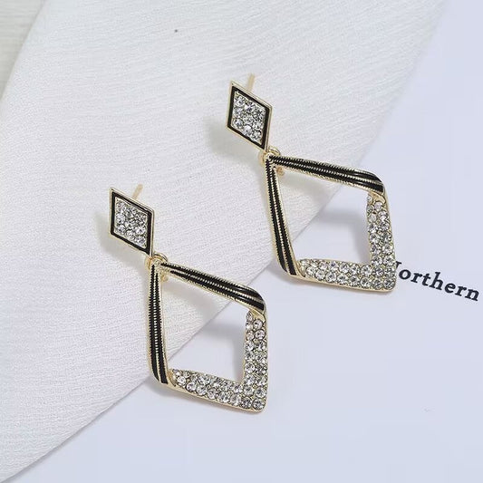 Black & Gold Diamond Shape Crystal Drop Earrings for Women