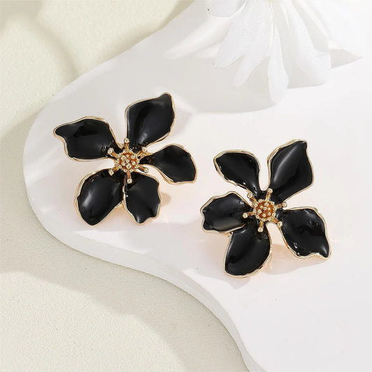 Elegant Black Enamel Flower Stud Earrings with Gold Rim & Crystal