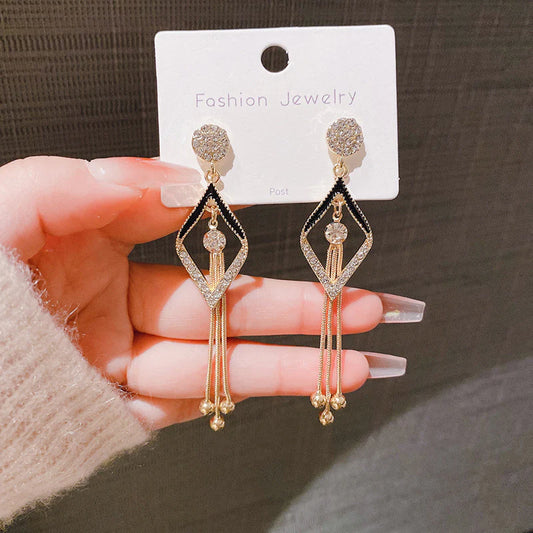 Black & Gold Crystal Tassel Long Earrings – Elegant Party Wear Jewelry