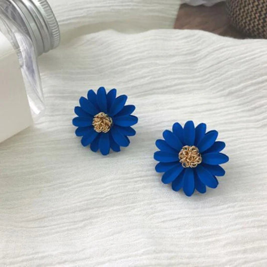 Vibrant Blue Enamel Chrysanthemum Flower Stud Earrings with Gold Center