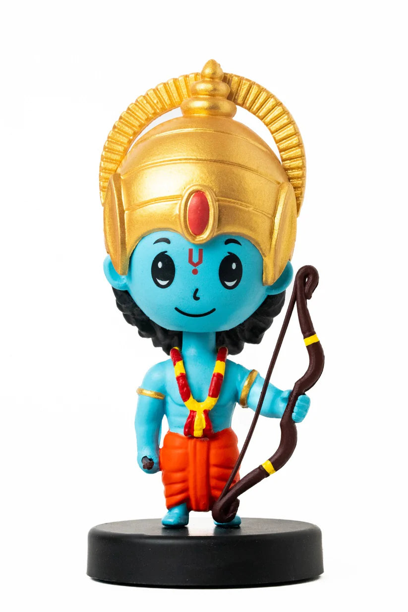 Shree Ram Bobblehead Idol – 12 cm Desk Figurine with Bow, Gold Crown & Pedestal