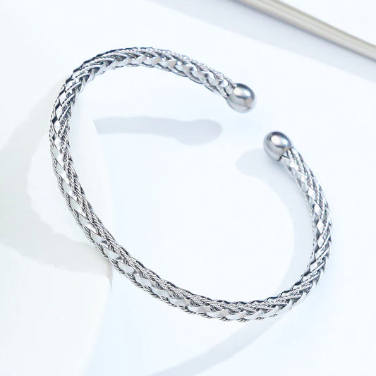 Silver Braided Cuff Bracelet – Minimalist Open Bangle Jewelry