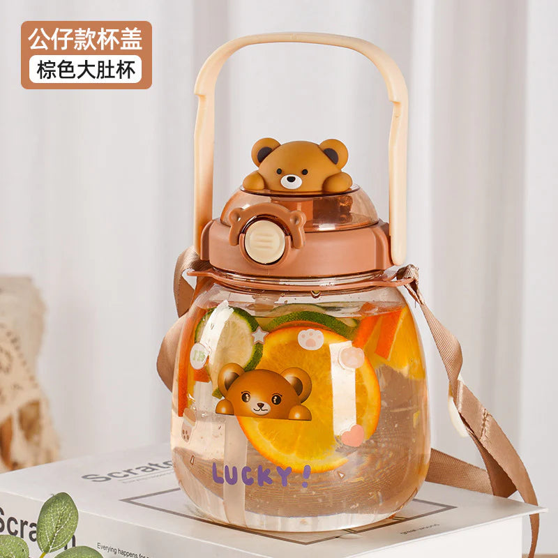 Brown Bear Lucky Straw Water Bottle – 1300 ML Cute Pot Belly Bottle with Handle