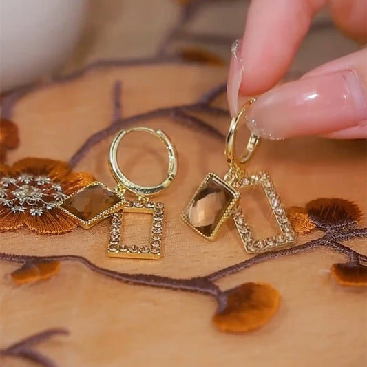 Brown Zircon Rectangle Drop Earrings – Gold Finish Elegant Jewelry