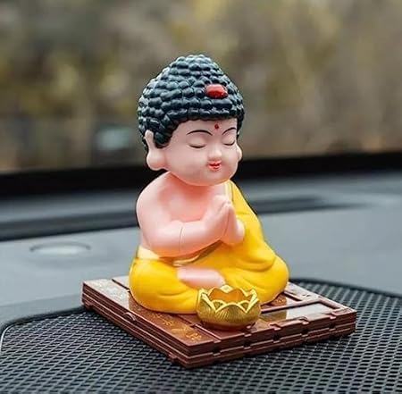 Solar Monk Buddha Bobblehead – 11 cm Praying Pose with Lotus on Wooden-Style Base