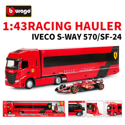 Bburago Ferrari Racing Hauler Iveco S-Way 570 with Ferrari SF-24 F1 Car (#16 Charles Leclerc) 1:43 Scale Transporter Set