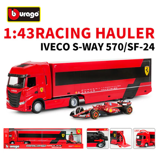 Bburago Ferrari Racing Hauler Iveco S-Way 570 with Ferrari SF-24 F1 Car (#16 Charles Leclerc) 1:43 Scale Transporter Set