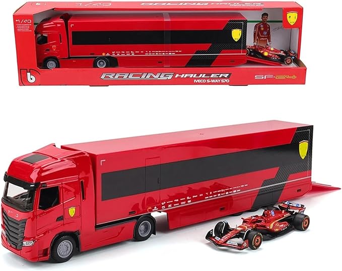 Bburago Ferrari Racing Hauler Iveco S-Way 570 with Ferrari SF-24 F1 Car (#16 Charles Leclerc) 1:43 Scale Transporter Set