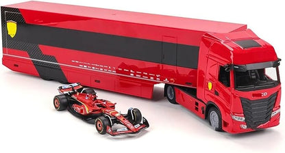 Bburago Ferrari Racing Hauler Iveco S-Way 570 with Ferrari SF-24 F1 Car (#16 Charles Leclerc) 1:43 Scale Transporter Set